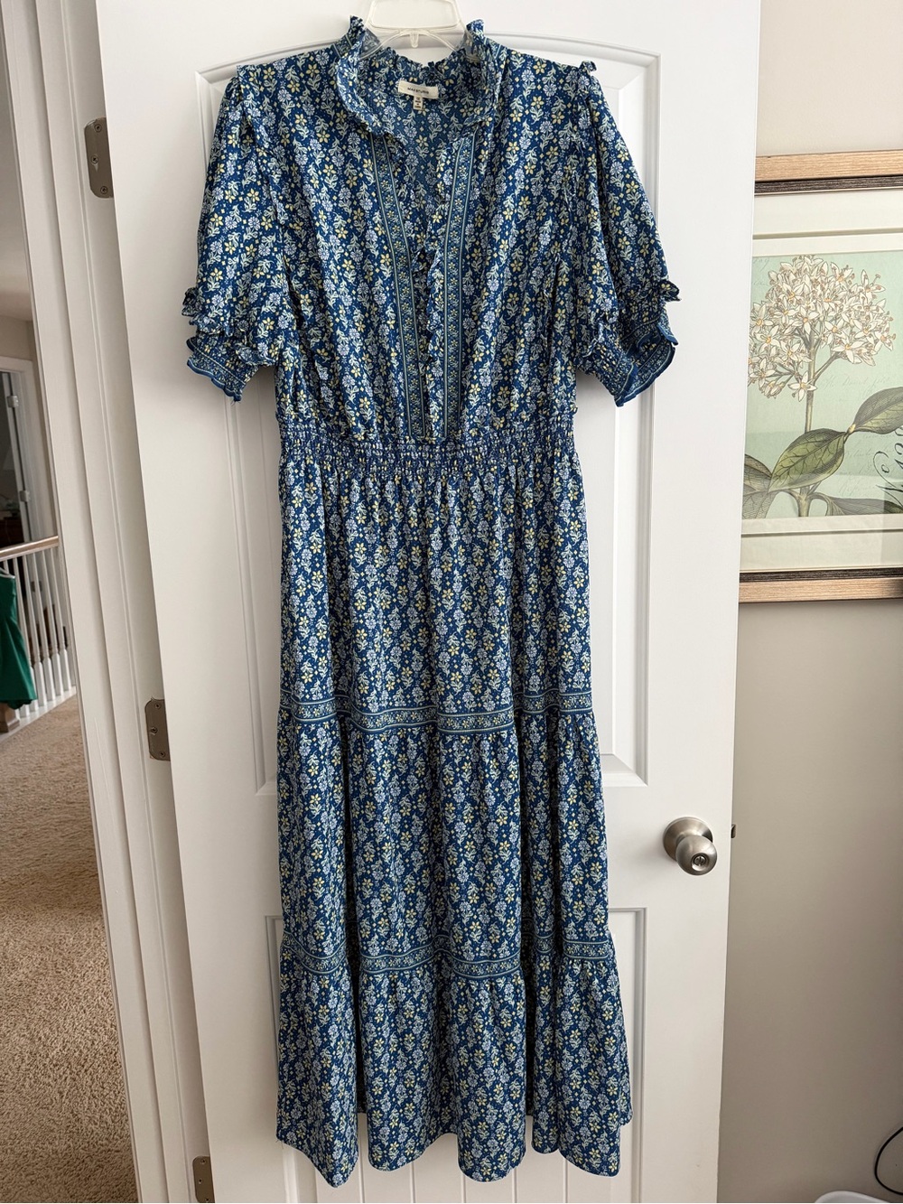 Max Studio Navy and Light Blue Floral Maxi Dress with Ruffle Collar